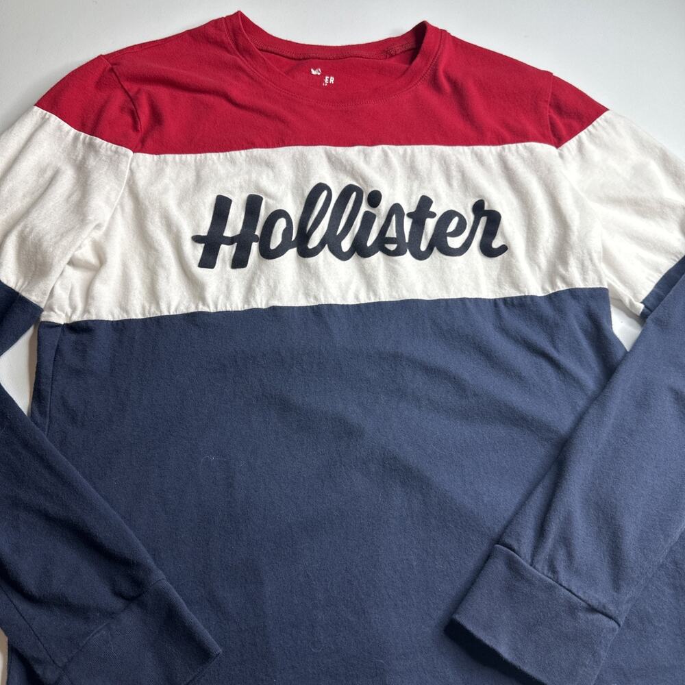 Hollister Colorblock Long Sleeve Graphic Tee Small Red White Navy Blue USA - Picture 3 of 10